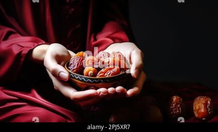 Ein muslimisches Mädchen mit Datteln. Traditionelle Verteilung von Nahrungsmitteln, Wohltätigkeit des muslimischen Islam, Ramadan Kareem Mubarak Eid-al-adha Stockfoto