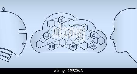 Künstliche Intelligenz und Mensch in einer Silhouette des Kopfes mit einer Wolke von Symbolen als Vektorgrafiken. Stock Vektor