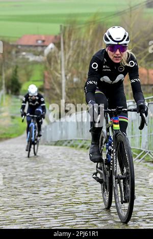 Oudenaarde, Belgien. 31. März 2023. Dutch Annemiek van Vleuten vom Movistar Team, das bei den Vorbereitungen mehrerer Teams auf der Rennstrecke vor dem Ronde van Vlaanderen/Tour des Flandres/Tour of Flanders Radrennen am Freitag, den 31. März 2023, abgebildet wurde. Die 107. Ausgabe des Radrennen findet am Sonntag, den 02. April, statt. BELGA PHOTO DIRK WAEM Credit: Belga News Agency/Alamy Live News Stockfoto