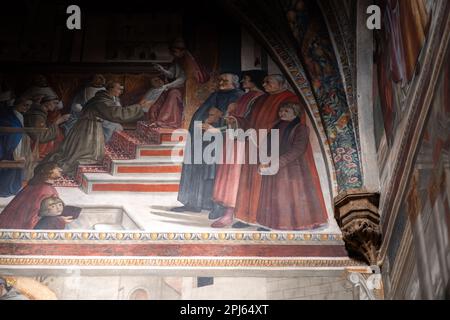 Ghirlandaios Fresken, Sassetti Kapelle, Santa Trinita Kirche, Florenz. Das einzige bekannte Porträt von Lorenzo dem prächtigen, gemalt, als er noch lebte Stockfoto