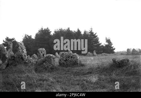 1952, historisch, The Rollright Stones, eine antike Stätte von megalithischen Denkmälern aus der Jungsteinzeit und der Bronzezeit in der Nähe von Long Compton, Chipping Norton, Oxford, England, Großbritannien. Im Gegensatz zu Stonehenge bestehen die Rollrechtssteine aus drei getrennten Steingruppen. Stockfoto