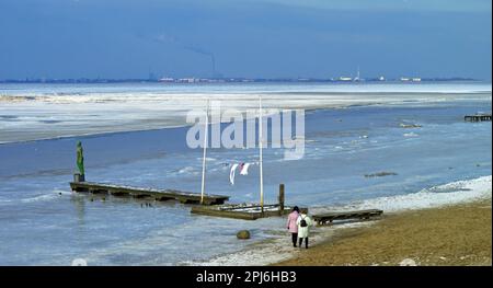 Blick über die gefrorene Jade Bay in Richtung Wilhelmshaven, Dangast, County Friesland, Kunstobjekte am Strand, Deutschland Stockfoto