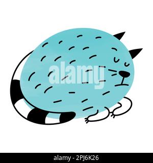 Süße, fette Katze schläft. Blaue Tierfigur. Ein lustiges und stilvolles Element für das Design von Kleidung, Spielzeug und Schreibwaren für Kinder. Stock Vektor