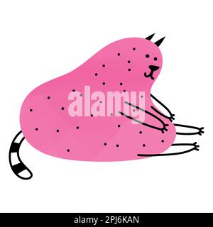 Fröhliche fette Katze beim Stretching oder Yoga. Rosa Tierfigur. Doodle-Style-Kunst. Lustiges Element für Design und Druck. Isolierter Clipart. Ein seltsamer Styli Stock Vektor