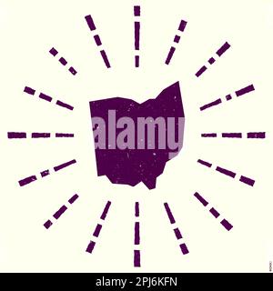 Ohio-Logo. Grunge Sunburst Poster mit Karte des US-Bundesstaates. Die Form von Ohio ist gefüllt mit Hexziffern mit Sonnenstrahlen. Stock Vektor
