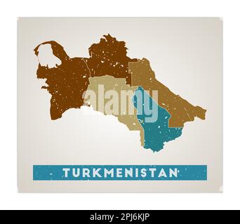 Turkmenistan Karte. Länderposter mit Regionen. Alte Grunge-Textur. Form Turkmenistans mit Ländername. Erstaunliche Vektorillustration. Stock Vektor