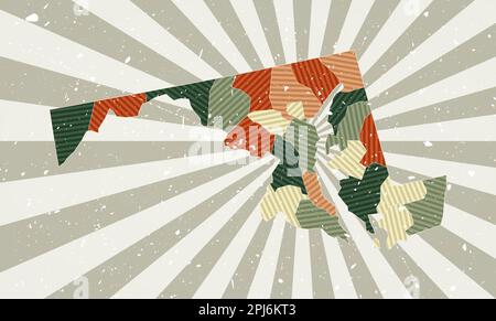 Maryland Vintage Karte. Grunge-Poster mit Karte des US-Bundesstaates in Retro-Farbpalette. Form von Maryland mit Sonnenstrahlen Hintergrund. Stock Vektor