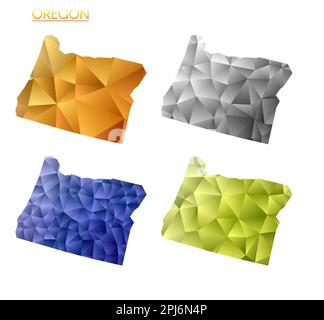 Satz von polygonalen Vektorkarten von Oregon. Helle Verlaufskarte des US-Bundesstaates in flacher Poly-Form. Stock Vektor