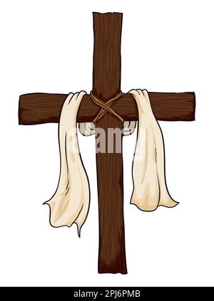 Isoliertes christliches Holzkreuz, dekoriert mit weißer Kleidung wie ein Symbol der Auferstehung. Stock Vektor