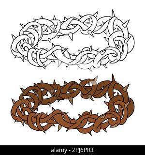 Set mit Dornenkrone in zwei Versionen: Eine in Umrissen zum Färben und die andere in flachen Farben. Stock Vektor