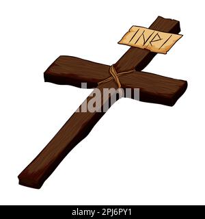 Christliches Kreuz, aus Holzmaterial, gebunden mit Schnüren und INRI-Zeichen. Cartoon-Design. Stock Vektor