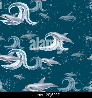 Handgezeichnete grafische Delfine. Fliegende Delfine, nahtloses Muster. Delfin unter dem Meer abstrakter Hintergrund. Spritzer, Tintenflecken, Farbstruktur. Stockfoto