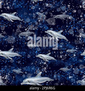 Handgezeichnete grafische Delfine. Fliegende Delfine, nahtloses Muster. Delfin unter dem Meer abstrakter Hintergrund. Spritzer, Tintenflecken, Farbstruktur. Stockfoto