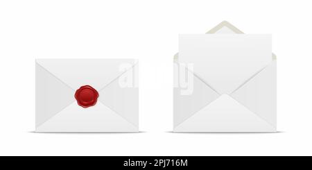 Vector Realistic White geschlossener Umschlag mit roter Wachsversiegelung und geöffnetem Umschlag mit Letter im Inneren. Symbolgruppe gefalteter und abgewickelter weißer Briefumschlag isoliert Stock Vektor