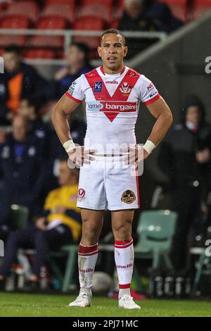 St. Helens, Großbritannien. 31. März 2023. Will Hopoate #3 of St Helens während des Spiels der Betfred Super League Round 7 St. Helens gegen Wakefield Trinity im Totally Wicked Stadium, St Helens, Großbritannien, 31. März 2023 (Foto von Mark Cosgrove/News Images) in St Helens, Großbritannien, am 3./31. März 2023. (Foto: Mark Cosgrove/News Images/Sipa USA) Guthaben: SIPA USA/Alamy Live News Stockfoto