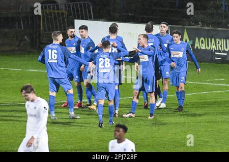 Denderleeuw, Belgien. 31. März 2023. Dender Suer Barbaros Cukur Tiago feiert nach einem Tor während eines Fußballspiels zwischen Dender EH und Jong Genk (U23) am Freitag, den 31. März 2023 in Denderleeuw, am 5. Tag der Relegation Play-offs während der 1B. Division der belgischen Meisterschaft 2022-2023 „Challenger Pro League“. BELGA FOTO TOM GOYVAERTS Kredit: Belga News Agency/Alamy Live News Stockfoto