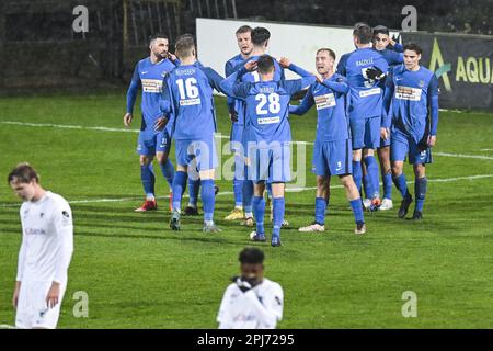 Denderleeuw, Belgien. 31. März 2023. Dender Suer Barbaros Cukur Tiago feiert nach einem Tor während eines Fußballspiels zwischen Dender EH und Jong Genk (U23) am Freitag, den 31. März 2023 in Denderleeuw, am 5. Tag der Relegation Play-offs während der 1B. Division der belgischen Meisterschaft 2022-2023 „Challenger Pro League“. BELGA FOTO TOM GOYVAERTS Kredit: Belga News Agency/Alamy Live News Stockfoto