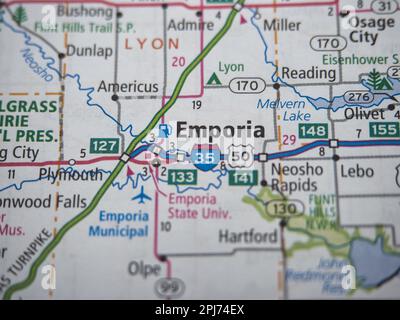Übersichtsansicht der Karte mit Fokus auf Emporia Kanas Stockfoto