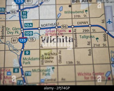 Übersichtsansicht der Karte mit Schwerpunkt auf Wichita Kanas Stockfoto