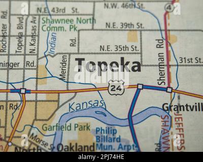 Übersichtsansicht der Karte mit Fokus auf Topeka Kanas Stockfoto