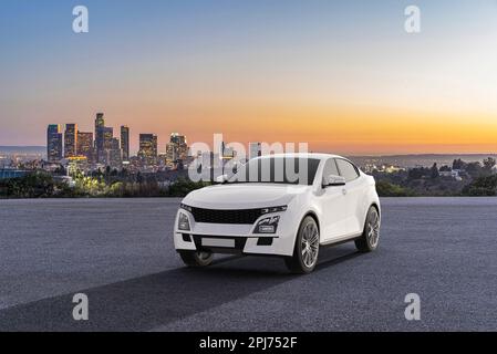 Generisches und brandloses SUV-Auto auf Asphaltstraße mit Skyline der Stadt im Hintergrund, 3D-Rendering Stockfoto