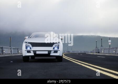 Generischer und brandloser SUV auf der Straße mit Mountain, 3D-Rendering Stockfoto