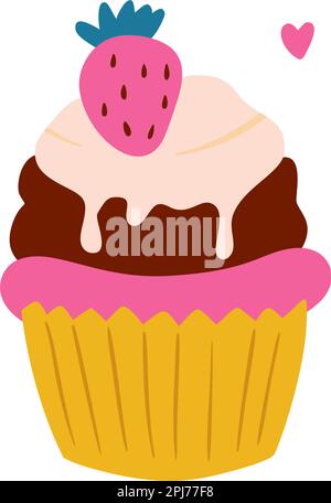 Geburtstagsgeschenk mit Erdbeere und Sahne, Vektorparty Baby Kids einfaches flaches Dessert Doodle Illustration Stock Vektor