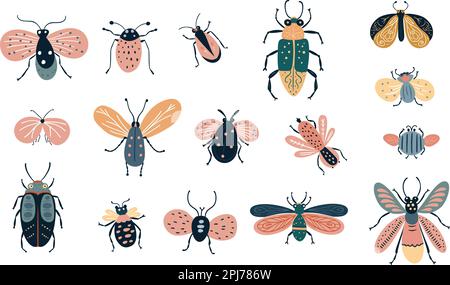 Farbenfrohe Käfermotten, Schmetterling, Insektenkritzelset, Vektor-Baby-Kinder-Kollektion Stock Vektor