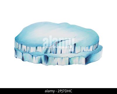 Eisschollen in Aquarellfarben. Mit der Hand einen Eisblock auf einem weißen, isolierten Hintergrund zu malen. Für Designer, Dekoration, Postkarten, Geschenkpapier Stockfoto