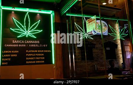 Bangkok, Thailand. 30. März 2023. Eine Detailansicht der Sarica Cannabis-Bar. Bangkoks berüchtigtes Rotlicht-Unterhaltungsviertel Patpong wurde seit der COVID-19-Pandemie wieder eröffnet. Es ist wieder ein Street Food Nachtmarkt mit nur wenigen Go Go Go Bars, 2 Straßen bieten auch Souvenirs, Kleidung und Schmuck. Seit der Legalisierung von Marihuana am 9. Juni wurden auch Marihuana-Verkaufsstellen in der Region eröffnet. (Credit Image: © Paul Lakatos/SOPA Images via ZUMA Press Wire) NUR ZUR REDAKTIONELLEN VERWENDUNG! Nicht für den kommerziellen GEBRAUCH! Stockfoto