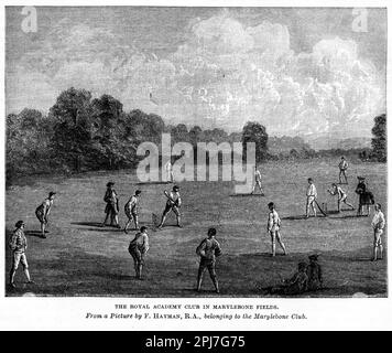 Gravur eines frühen Cricket-Spiels, veröffentlicht um 1880 Stockfoto