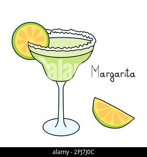Margarita-Cocktail im Glas mit Salzrand und einer Scheibe Limette, Doodle-Stil-Vektordarstellung Stock Vektor