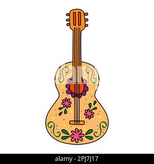 Gitarre mit traditioneller mexikanischer Dekoration, Kritzelstil-Vektorgrafik Stock Vektor