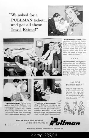 „Travel by Pullman“-Werbespot in einer Zeitschrift von NatGeo, Mai 1957 Stockfoto