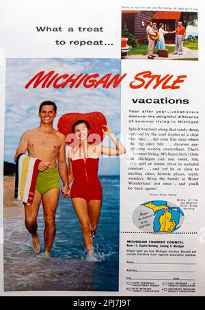 Michigan Vacation Advert in einer Zeitschrift in NatGeo, Mai 1957 Stockfoto