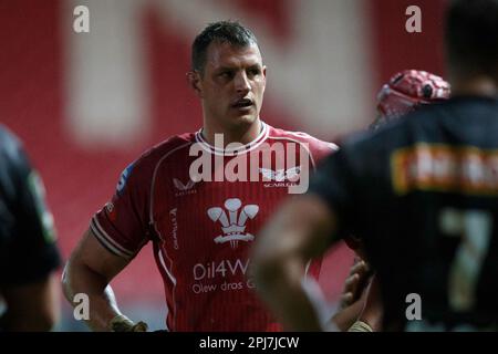 Llanelli, Großbritannien. 31. März 2023. Aaron Shingler of Scarlets während des Spiels Scarlets gegen Brive EPCR Challenge Cup Rugby. Kredit: Gruffydd Thomas/Alamy Stockfoto