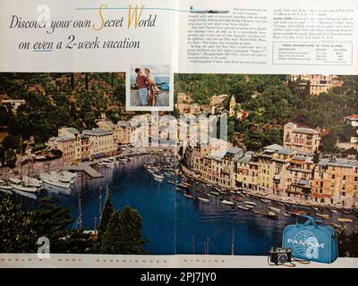 PanAm. Anzeige von Pan American Airlines in einer Zeitschrift von NatGeo, Januar 1958 Stockfoto