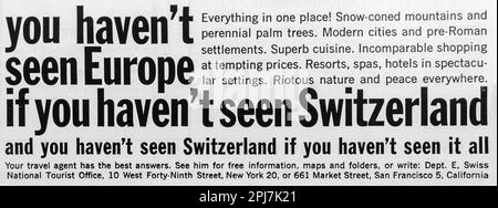 Schweizer Reisewerbung in einer Zeitschrift NatGeo, Dezember 1959 Stockfoto