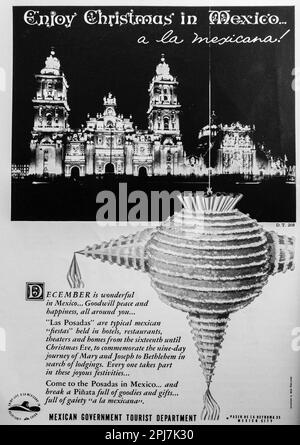 Reisewerbung „Weihnachten in Mexiko“ in einer Zeitschrift in NatGeo, Dezember 1959 Stockfoto