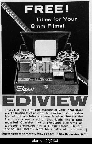 EdiView Movie Editor für 8mm, Werbeanzeige der Elgeet Optical Company in einer Zeitschrift NatGeo, Dezember 1959 Stockfoto