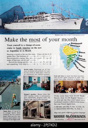 Moore-McCormack Lines Cruises – South America Voyage-Werbung in einer Zeitschrift NatGeo, November 1959 Stockfoto