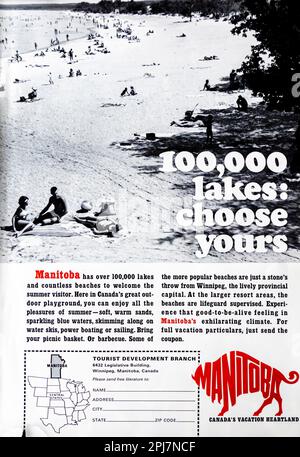 Reisewerbung für Manitoba Canada in einer Zeitschrift NatGeo, 1966 Stockfoto