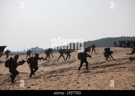 HWAJIN-RI BEACH, Republik Korea (29. März 2023) – die Marines der Republik Korea ziehen während Ssang Young 23 einen Strand hinauf und führen eine Amphibienübung durch. Anlässlich des 70.-jährigen Bestehens der Allianz zwischen den USA und der Russischen Föderation stärkt Ssang Young 2023 die Allianz durch bilaterale gemeinsame Schulungen, trägt zur gemeinsamen Verteidigung der koreanischen Halbinsel durch die Russische Föderation bei und erhöht die Bereitschaft der Allianz zwischen den USA und der Russischen Föderation. (USA Marinekorps Foto von Sergeant Nicolas Atehortua) Stockfoto