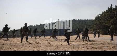 HWAJIN-RI BEACH, Republik Südkorea (28. März 2023) – während Ssang Yong 23 eine Amphibienlandung an einem Strand durchführen. Anlässlich des 70.-jährigen Bestehens der Allianz zwischen den USA und der Russischen Föderation stärkt Ssang Young 2023 die Allianz durch bilaterale gemeinsame Schulungen, trägt zur gemeinsamen Verteidigung der koreanischen Halbinsel durch die Russische Föderation bei und erhöht die Bereitschaft der Allianz zwischen den USA und der Russischen Föderation. (USA Marinekorps Foto von Sergeant Nicolas Atehortua) Stockfoto