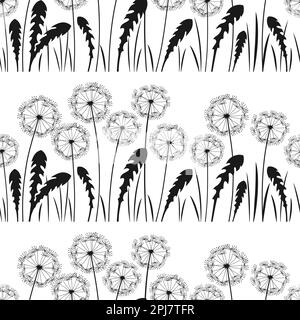 Nahtloses Muster mit Löwenzahn-Silhouette. Abstrakte Blumen Löwenzahn Blüten Gravuren Pflanzen wiederholen Tapeten. Botany Blumendesign Vorlage Hintergrundschmuck, grenzenlose Sammelalbum-Vektorschmuck Stock Vektor