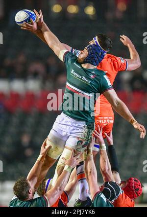 Leicester Tigers Rugby gegen Edinburgh Rugby Team am 31. März 2023 im Mattioli Stadium in Leicester, Großbritannien. Kämpfe um den Ball in der Reihe im Mattioli Rugby Stadium, Leicester, UK Credit: Mark Dunn/Alamy Live News Stockfoto