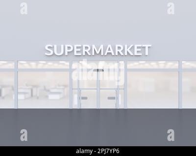 Eingang zum Supermarkt. Außerhalb des Supermarkt-Konzepts mit geprägtem Textzeichen, das das Wort Supermarkt zeigt. 3D-Rendering-Abbildung Stockfoto