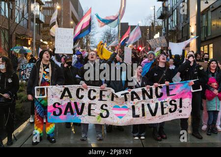Seattle, USA. 31. März 2023. Internationaler Transgender Day of Visibility Celebration im Volunteer Park. Etwa fünfhundert Aktivisten trotzten Regen und Wind mit der Transgemeinschaft, um die Gleichheit zu unterstützen und zu kämpfen. Die Gemeinde feierte und endete mit einem marsch entlang der Broadway Ave zum Cal Anderson Park auf Capitol Hill. Kredit: James Anderson/Alamy Live News Stockfoto