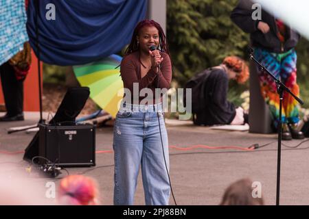 Seattle, USA. 31. März 2023. Internationaler Transgender Day of Visibility Celebration im Volunteer Park. Etwa fünfhundert Aktivisten trotzten Regen und Wind mit der Transgemeinschaft, um die Gleichheit zu unterstützen und zu kämpfen. Die Gemeinde feierte und endete mit einem marsch entlang der Broadway Ave zum Cal Anderson Park auf Capitol Hill. Kredit: James Anderson/Alamy Live News Stockfoto
