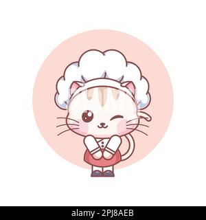 Die Chefkatze, die fröhlich lächelt, kocht mit einer glücklichen Küchendarstellung Stock Vektor